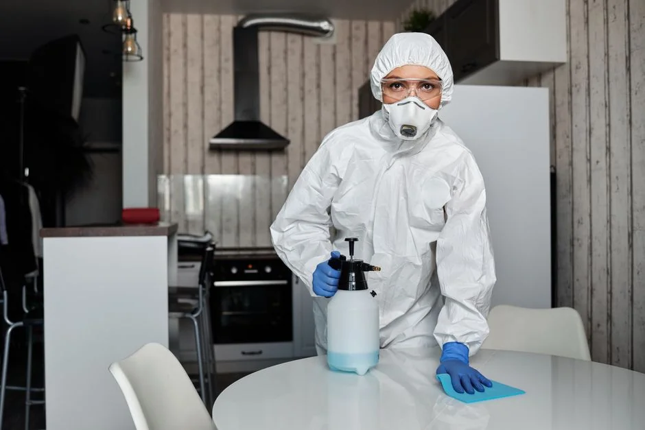 Close-up of a gloved professional cleaning a sink for sanitation.